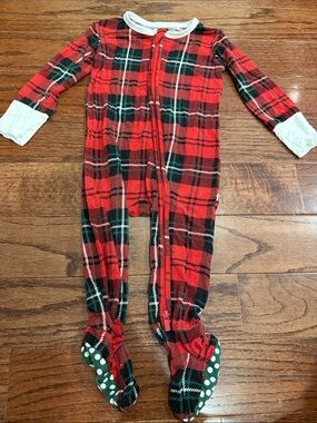Bums & Roses Red Plaid Footed One-Piece Pajamas with White Trim